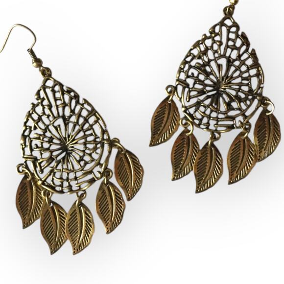 Dream-catcher with dangling leaves bronze-tone earrings - Picture 1 of 7